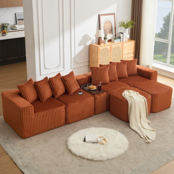 English Elm New U Shaped Corduroy Sectional with Built in Charging Console and Movable Footstool W2108S00157