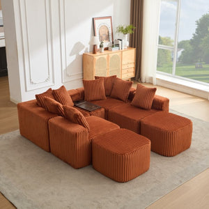 English Elm New U Shaped Corduroy Sectional with Built in Charging Console and Movable Footstool W2108S00157