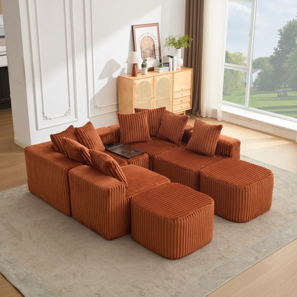 English Elm New U Shaped Corduroy Sectional with Built in Charging Console and Movable Footstool W2108S00157