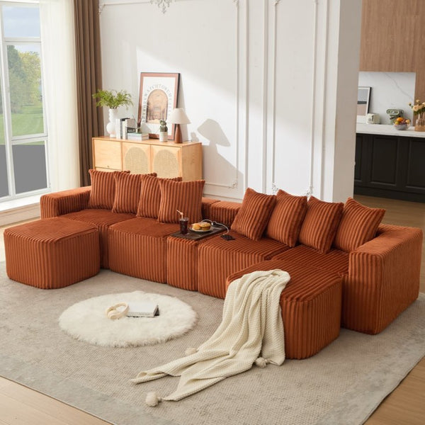 English Elm New U Shaped Corduroy Sectional with Built in Charging Console and Movable Footstool W2108S00157