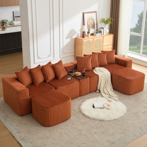 English Elm New U Shaped Corduroy Sectional with Built in Charging Console and Movable Footstool W2108S00157