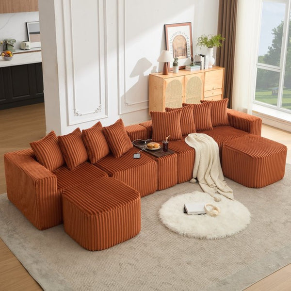 English Elm New U Shaped Corduroy Sectional with Built in Charging Console and Movable Footstool W2108S00157