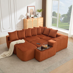 English Elm New U Shaped Corduroy Sectional with Built in Charging Console and Movable Footstool W2108S00157