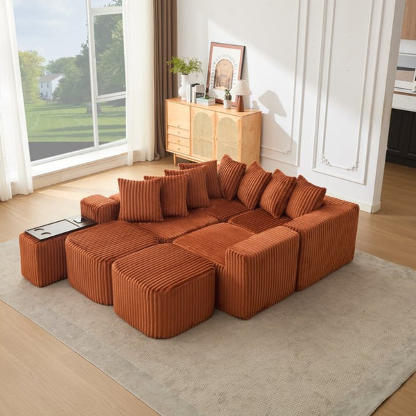English Elm New U Shaped Corduroy Sectional with Built in Charging Console and Movable Footstool W2108S00157