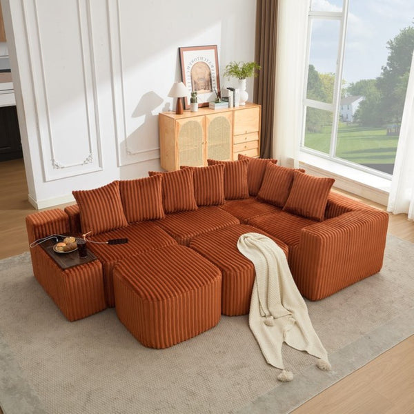 English Elm New U Shaped Corduroy Sectional with Built in Charging Console and Movable Footstool W2108S00157
