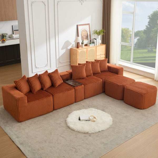 English Elm New U Shaped Corduroy Sectional with Built in Charging Console and Movable Footstool W2108S00157