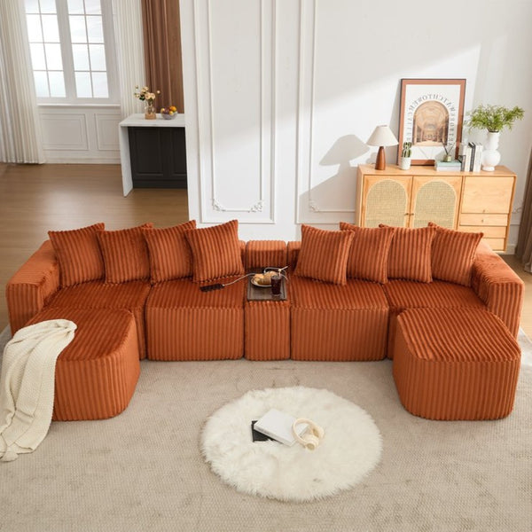 English Elm New U Shaped Corduroy Sectional with Built in Charging Console and Movable Footstool W2108S00157