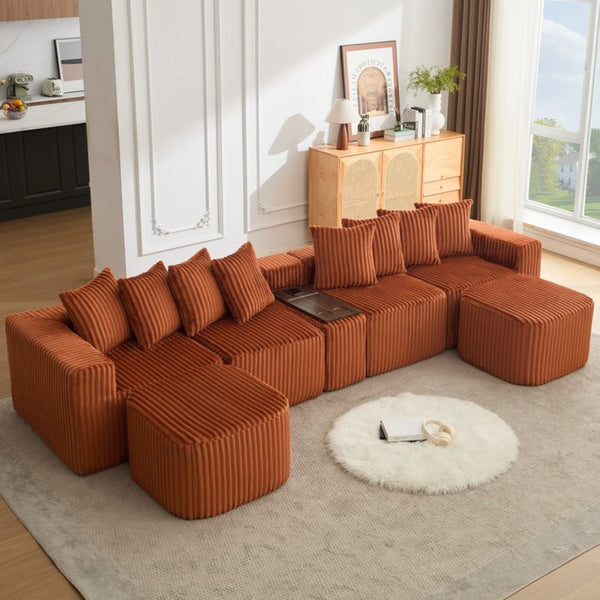 English Elm New U Shaped Corduroy Sectional with Built in Charging Console and Movable Footstool W2108S00157