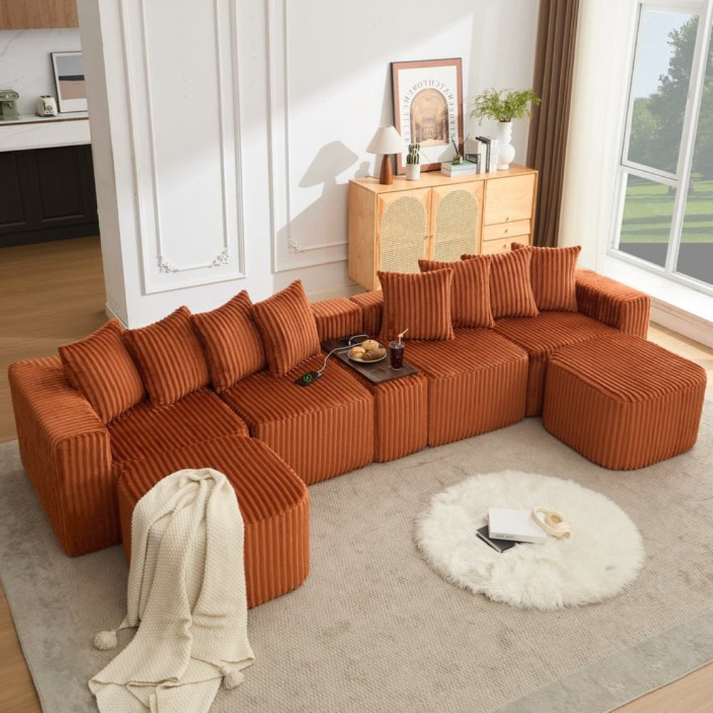 English Elm New U Shaped Corduroy Sectional with Built in Charging Console and Movable Footstool W2108S00157