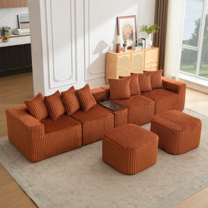 English Elm New U Shaped Corduroy Sectional with Built in Charging Console and Movable Footstool W2108S00157
