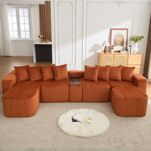 English Elm New U Shaped Corduroy Sectional with Built in Charging Console and Movable Footstool W2108S00157