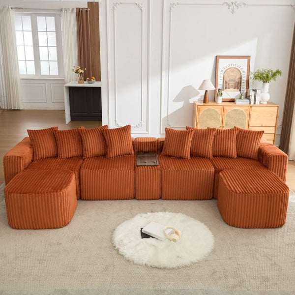 English Elm New U Shaped Corduroy Sectional with Built in Charging Console and Movable Footstool W2108S00157