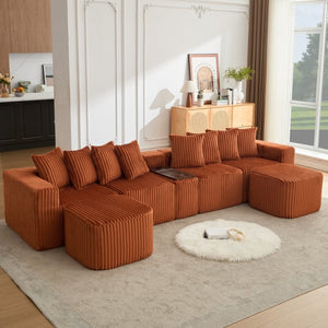 English Elm New U Shaped Corduroy Sectional with Built in Charging Console and Movable Footstool W2108S00157