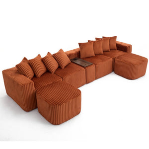 English Elm New U Shaped Corduroy Sectional with Built in Charging Console and Movable Footstool W2108S00157
