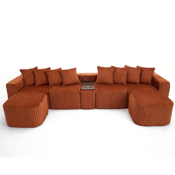 English Elm New U Shaped Corduroy Sectional with Built in Charging Console and Movable Footstool W2108S00157