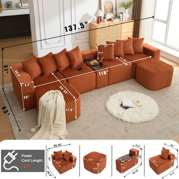 English Elm New U Shaped Corduroy Sectional with Built in Charging Console and Movable Footstool W2108S00157