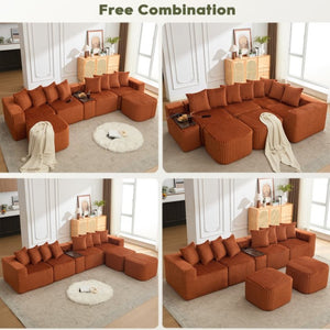 English Elm New U Shaped Corduroy Sectional with Built in Charging Console and Movable Footstool W2108S00157