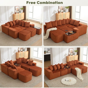 English Elm New U Shaped Corduroy Sectional with Built in Charging Console and Movable Footstool W2108S00157