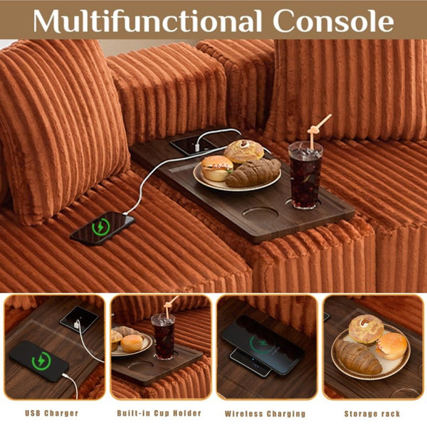English Elm New U Shaped Corduroy Sectional with Built in Charging Console and Movable Footstool W2108S00157