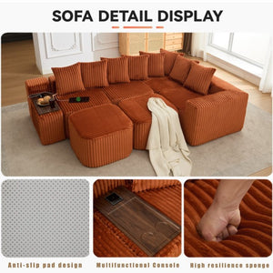 English Elm New U Shaped Corduroy Sectional with Built in Charging Console and Movable Footstool W2108S00157