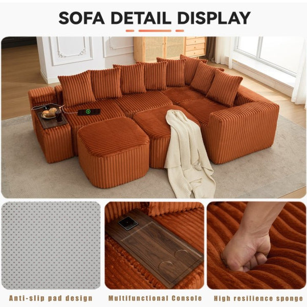 English Elm New U Shaped Corduroy Sectional with Built in Charging Console and Movable Footstool W2108S00157