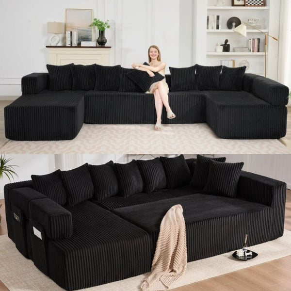 English Elm New Corduroy Modular U Shaped Sectional Sofa with Sleeper and Pocket Spring Cushions Black W2108S00158