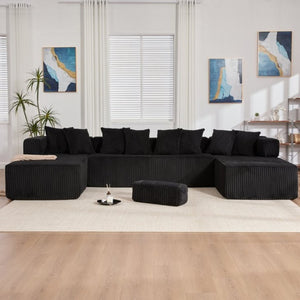 English Elm New Corduroy Modular U Shaped Sectional Sofa with Sleeper and Pocket Spring Cushions Black W2108S00158