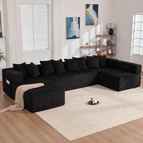 English Elm New Corduroy Modular U Shaped Sectional Sofa with Sleeper and Pocket Spring Cushions Black W2108S00158