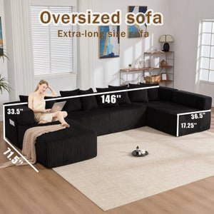 English Elm New Corduroy Modular U Shaped Sectional Sofa with Sleeper and Pocket Spring Cushions Black W2108S00158