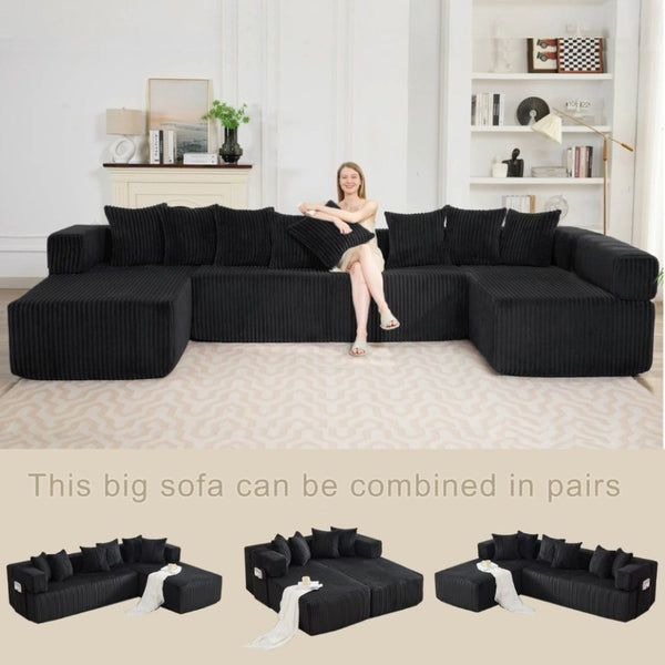 English Elm New Corduroy Modular U Shaped Sectional Sofa with Sleeper and Pocket Spring Cushions Black W2108S00158