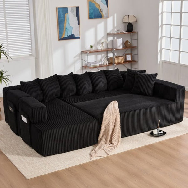 English Elm New Corduroy Modular U Shaped Sectional Sofa with Sleeper and Pocket Spring Cushions Black W2108S00158