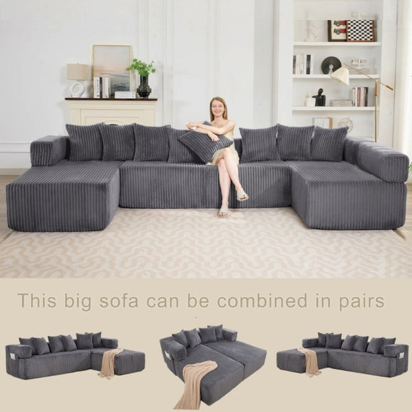 English Elm New Corduroy Modular U Shaped Sectional Sofa with Sleeper and Pocket Spring Cushions Dark Gray W2108S00159
