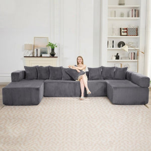 English Elm New Corduroy Modular U Shaped Sectional Sofa with Sleeper and Pocket Spring Cushions Dark Gray W2108S00159