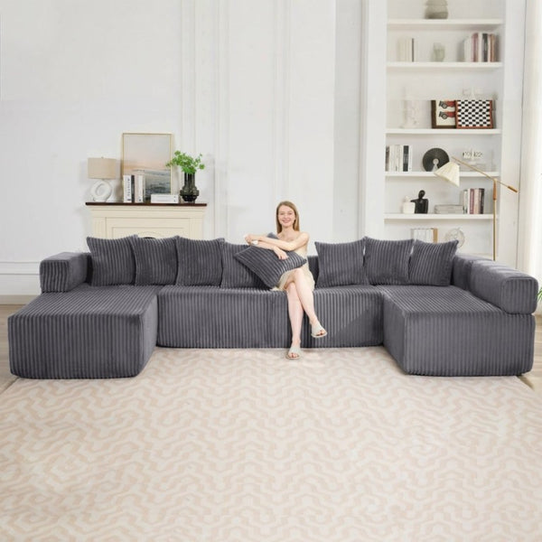 English Elm New Corduroy Modular U Shaped Sectional Sofa with Sleeper and Pocket Spring Cushions Dark Gray W2108S00159
