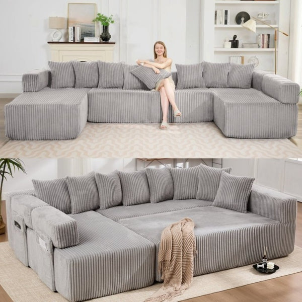 English Elm New Corduroy Modular U Shaped Sectional Sofa with Sleeper and Pocket Spring Cushions Gray W2108S00160