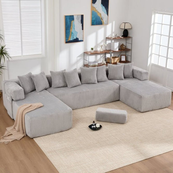 English Elm New Corduroy Modular U Shaped Sectional Sofa with Sleeper and Pocket Spring Cushions Gray W2108S00160