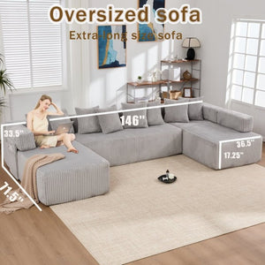 English Elm New Corduroy Modular U Shaped Sectional Sofa with Sleeper and Pocket Spring Cushions Gray W2108S00160