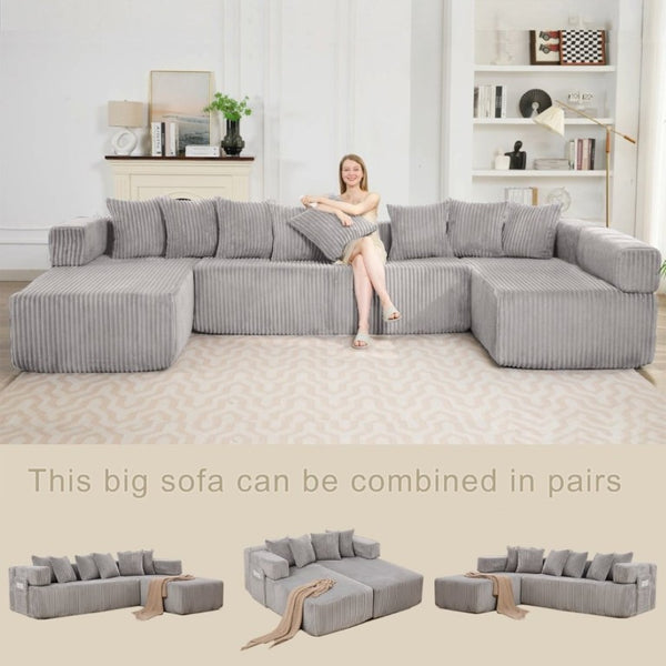 English Elm New Corduroy Modular U Shaped Sectional Sofa with Sleeper and Pocket Spring Cushions Gray W2108S00160