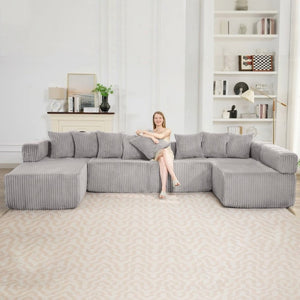 English Elm New Corduroy Modular U Shaped Sectional Sofa with Sleeper and Pocket Spring Cushions Gray W2108S00160