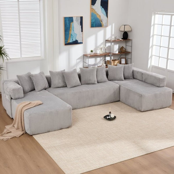 English Elm New Corduroy Modular U Shaped Sectional Sofa with Sleeper and Pocket Spring Cushions Gray W2108S00160