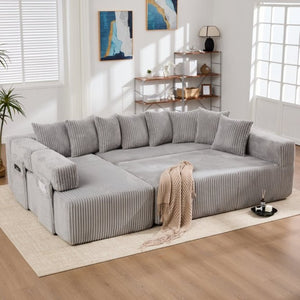 English Elm New Corduroy Modular U Shaped Sectional Sofa with Sleeper and Pocket Spring Cushions Gray W2108S00160