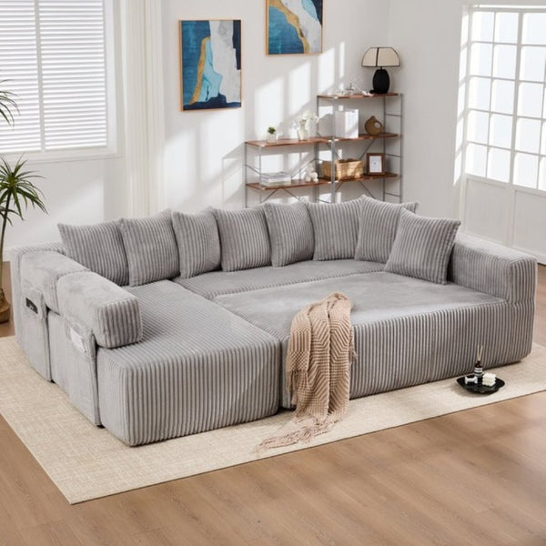 English Elm New Corduroy Modular U Shaped Sectional Sofa with Sleeper and Pocket Spring Cushions Gray W2108S00160