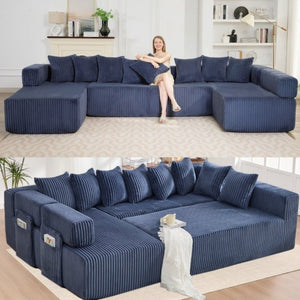 English Elm New Corduroy Modular U Shaped Sectional Sofa with Sleeper and Pocket Spring Cushions Blue W2108S00161