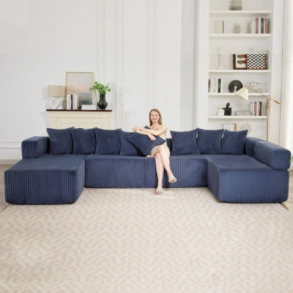 English Elm New Corduroy Modular U Shaped Sectional Sofa with Sleeper and Pocket Spring Cushions Blue W2108S00161