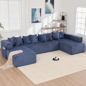 English Elm New Corduroy Modular U Shaped Sectional Sofa with Sleeper and Pocket Spring Cushions Blue W2108S00161