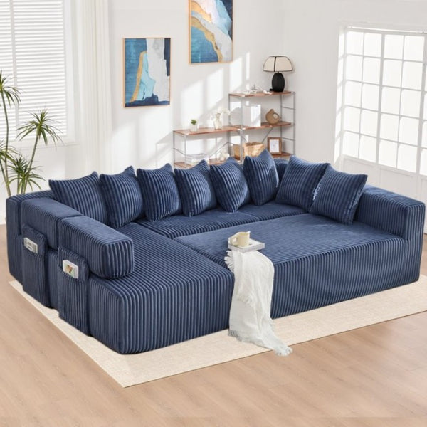 English Elm New Corduroy Modular U Shaped Sectional Sofa with Sleeper and Pocket Spring Cushions Blue W2108S00161