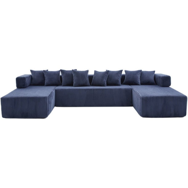 English Elm New Corduroy Modular U Shaped Sectional Sofa with Sleeper and Pocket Spring Cushions Blue W2108S00161