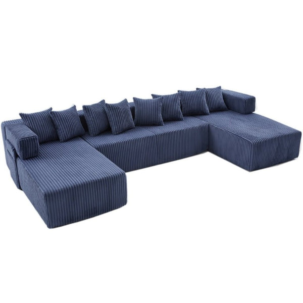 English Elm New Corduroy Modular U Shaped Sectional Sofa with Sleeper and Pocket Spring Cushions Blue W2108S00161