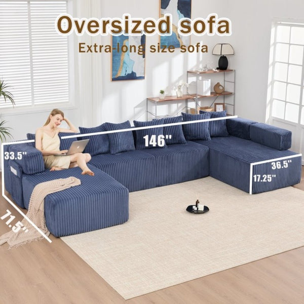 English Elm New Corduroy Modular U Shaped Sectional Sofa with Sleeper and Pocket Spring Cushions Blue W2108S00161