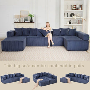 English Elm New Corduroy Modular U Shaped Sectional Sofa with Sleeper and Pocket Spring Cushions Blue W2108S00161